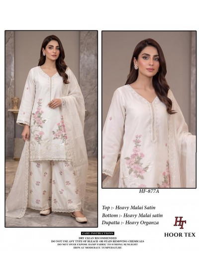 HF - 877-ABCD - HEAVY MALAI SATIN WITH PAKISTANI READYMADE EMBROIDERY WORK BY HOOR TEX 