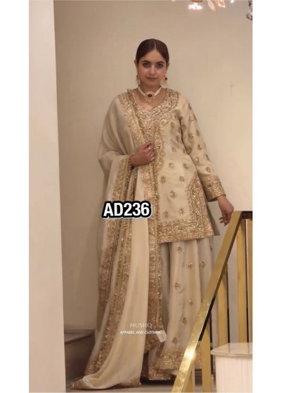 AD236 - HEAVY CHINON SILK WITH EMBROIDERY SEQUENCE WORK BY PAKISTANI READYMADE PLAZZO AND SHARARA SUIT COLLECTION 