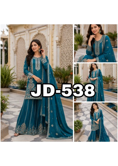 JD - 538 - PURE CHINON SILK WITH SEQUENCE EMBROIDERY WORK BY PAKISTANI READYMADE SHARARA SUIT COLLECTION 