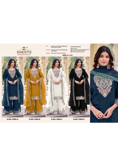 ZORISTA - 11004 - A B C D - PURE PV GLASS SILK WITH HEAVY EMBROIDERY JARKAN WORK BY PAKISTANI READYMADE SUIT SALWAR AND PLAZZO AND SHARARA COLLECTION 