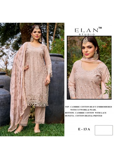 ELAN - E - 13 - CAMBRIC LAWN COTTON HEAVY EMBROIDERY WITH MOTI CUTWORK BY PAKISTANI SUIT COLLECTION 