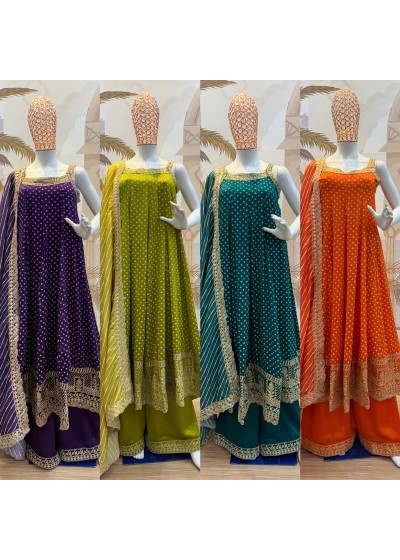 RANG KHAJURI :- RR - 46 - BANDHANI VICHITRA SILK HEAVY EMBROIDERY WORK & MIRROR WORK BY PARTY WEAR GOWN COLLECTION 