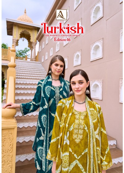 TURKISH - 16 - PURE VISCOSE REYON PRINT WITH FOIL AND FANCY EMBROIDERY WORK IN ALOK SUIT 
