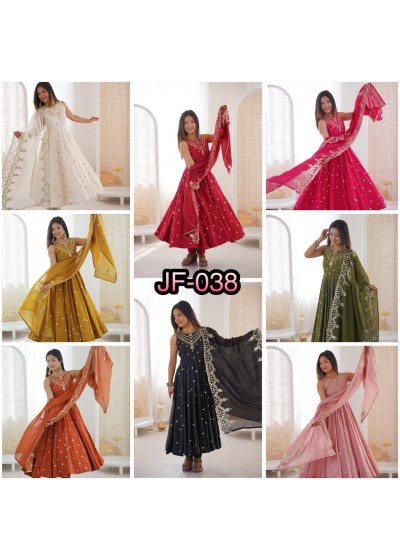 JF - 038 - ROMAN SILK SEQUENCE EMBROIDERY WORK BY PARTY WEAR AND WEDDING ANARKALI NAIRA GOWN COLLECTION 