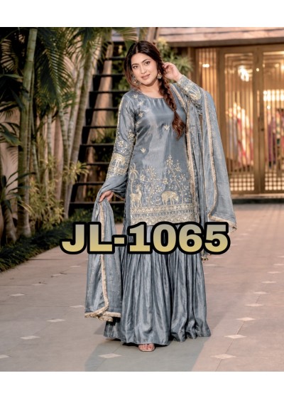 JL - 1065 - PURE FRENDY SILK HEAVY EMBROIDERY SEQUENCE WORK BY PAKISTANI READYMADE SHARARA AND PLAZZO SUIT COLLECTION 