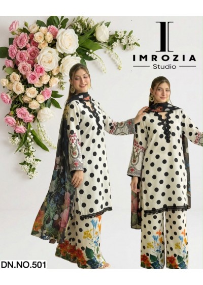 IMROZIA STUDIO - D.NO - 501 - IMPORTANT SATIN PRINT WITH SEQUENCE WORK LESS BY PAKISTANI READYMADE SUIT COLLECTION 