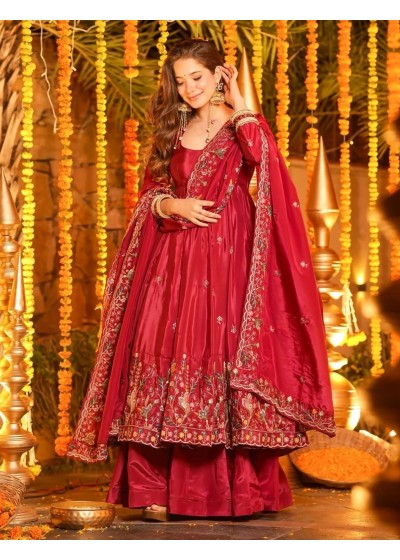 PINK KARNIVAL SUIT - HEAVY FRENCH CRAPE WORK PREMIUM FLORAL MOTIF THREAD EMBROIDERY WORK BY PARTY WEAR SUIT COLLECTION 