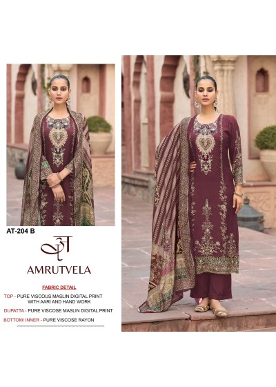 AT - 204 - PURE VISCOSE MUSLIN DIGITAL PRINT WITH AARI AND HAND WORK BY PAKISTANI SUIT COLLECTION 