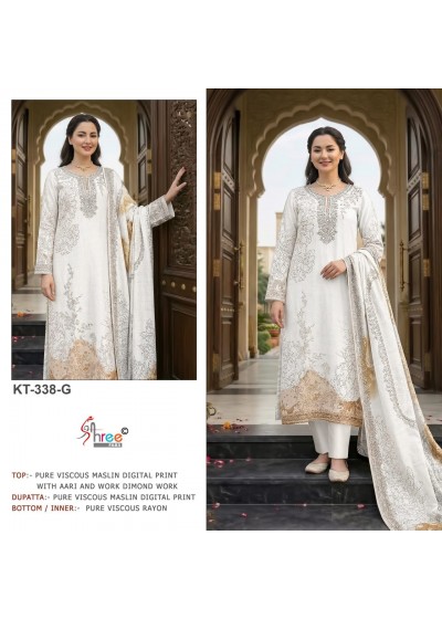 KT - 338 - PURE VISCOSE MUSLIN DIGITAL PRINT AND HAND WORK BY PAKISTANI SUIT COLLECTION BY SHREE FAB 