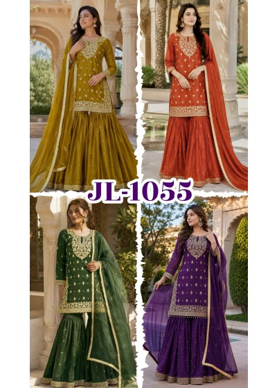 JL 1055 Pure GMY Silk Embroidery Sequence Top Sharara Set with Dupatta 