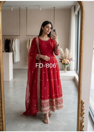 Party wear and wedding Pure Fendy Silk Embroidered Gown Pant Dupatta Set - FD 806