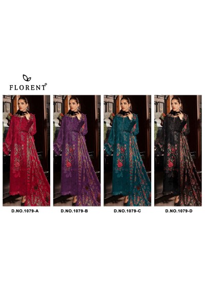 Florent Cambric Cotton Heavy Embroidery 3-Piece Suit with Maslin Digital Print Dupatta – D No. 1079 Pakistani Suit Single Wholesale Price 