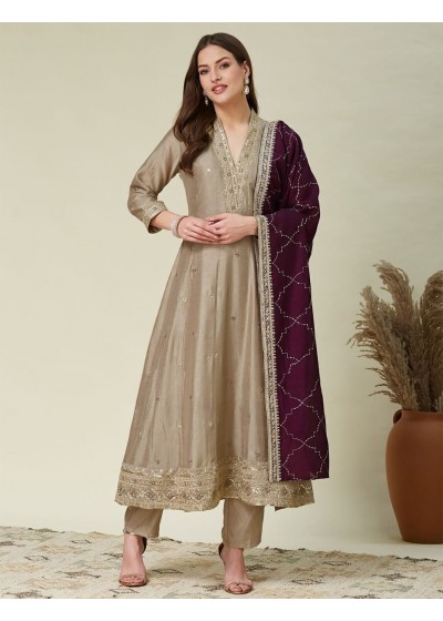 Aarya Vichitra Embroidered Kurta Pant Dupatta Suit Set – Beige & Wine