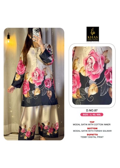Khas D.No - 80-81-82-83-84-85-86-87 New Designer Modal Satin 3 Piece Suit with Farshi Salwar Pakistani Readymade Suit Set to Set Wholesale Price 