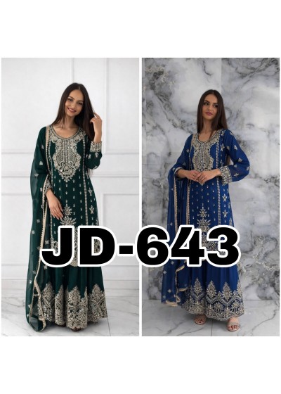 JD-643 Premium Embroidered Chinnon Silk Pakistani Sharara Suit Set Single Wholesale Price 