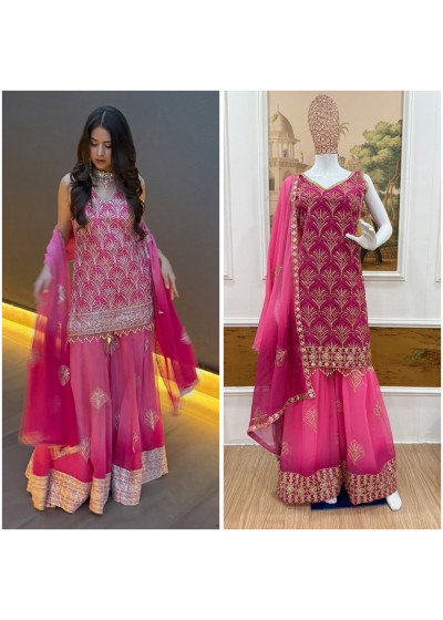 ST-1190 Premium Embroidered Printed Faux Georgette 3 Piece Kurti Palazzo & Dupatta Set Pakistani Suit Single Wholesale Price 