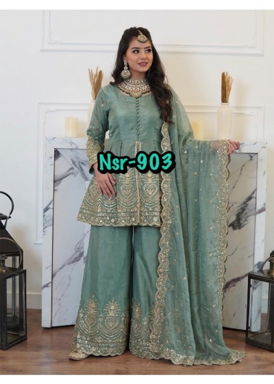 NSR-903 Premium Fendy Silk Embroidered Mirror Work Plazzo Pakistani Suit Single Wholesale Price 