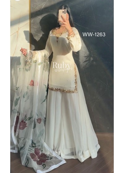 WW-1263 Fox Georgette Embroidered Top With Sarara & Digital Print Dupatta Pakistani Suit Single Wholesale Price 