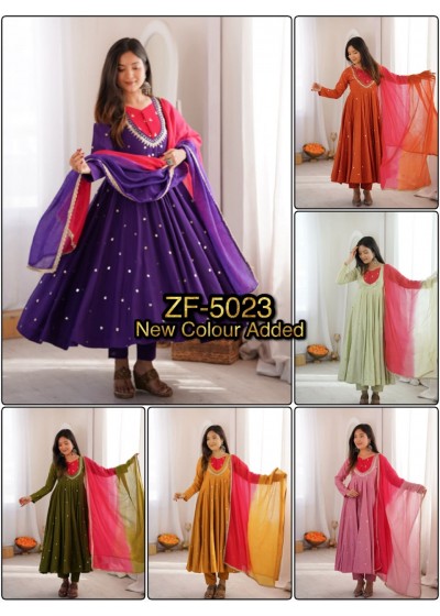 ZF-5023 Elegant Embroidered Sequence & Real Mirror Work Anarkali Gown Set Single Wholesale Price 