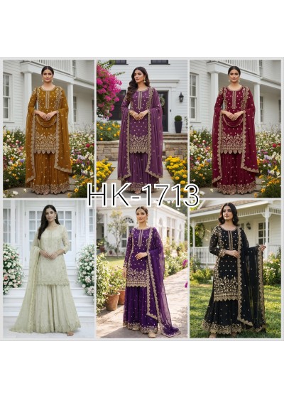 Premium Faux Georgette Embroidered Sequence Work Top Palazzo With Dupatta Set – HK-1713 Pakistani Readymade Sharara Suit Single Wholesale Price 