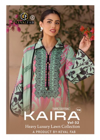 Kaira Vol 32 Heavy Lawn Cotton Printed Pakistani Suit 3 Piece Set | Keval Fab (Full Set) Wholesale Price 