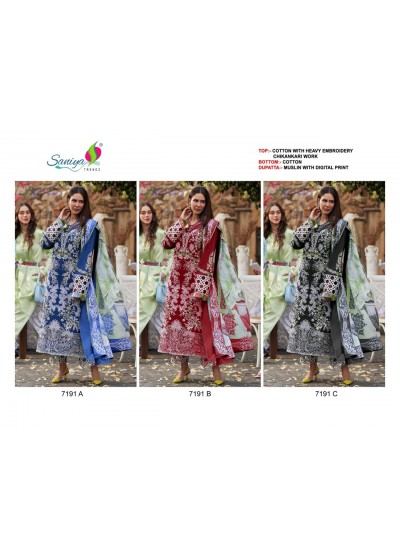 Saniya Trendz Chikankari Embroidered Cotton Suit with Maslin Print Dupatta – Design 7191 Pakistani Suit Single Wholesale Price 