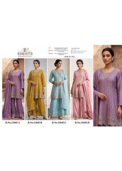 ZORISTA | DNO-11045 A-B-C-D | Premium Chinnon Silk Embroidered Plazo Set | RD Fashion Surat