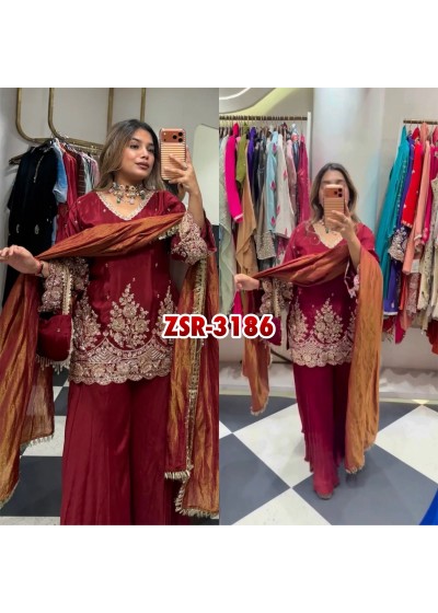ZSR-3186 | French Crepe Embroidered Sharara Palazzo Suit | Ready to Wear | RD Fashion Surat