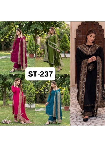 ST 237 Heavy Roman Silk Embroidered Kurti Bottom Dupatta Suit Set Pakistani Suit Single Pis Wholesale Price 