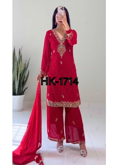 HK-1714 Heavy Faux Georgette Beads Dori Sequence Palazzo Suit Set