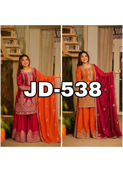 JD-538 Pure Chinon Silk Embroidered Kurti Palazzo Dupatta Set