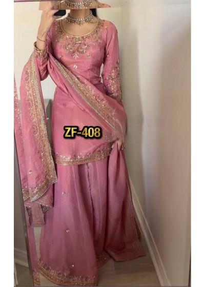 ZF-408 Heavy Pure Chinon Silk Embroidered Sharara Palazzo Suit Set