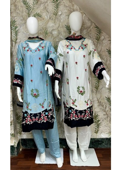 D.No. 2737 Rayon Satin Embroidered Kurti Pant Digital Dupatta Set