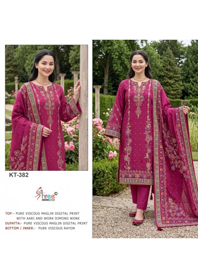 KT-373 & KT-382 Pure Viscose Maslin Digital Print Handwork Suit Set