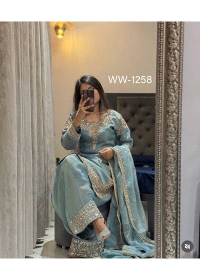 WW-1258 Zmy Chu-Silk Embroidered Sequence Top Palazzo Dupatta Set