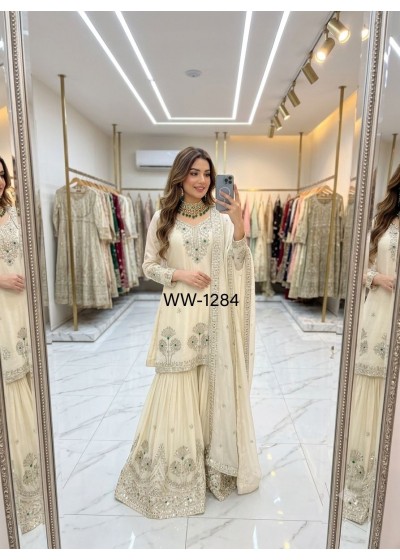 WW-1284 | Natural Satin Silk | Stone Hand Work | Ready to Wear