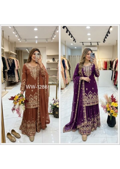 WW 1286 Pure Fox Georgette Embroidered Sequin Sharara Dupatta Set Single Pis Wholesale Price In India 