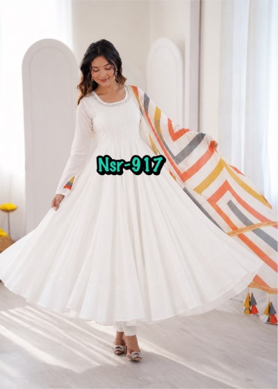 Shop NSR-917 Mal Cotton embroidered ready-to-wear suit with fancy sleeves, elastic pant, printed dupatta with latkan at ₹1,299/-.