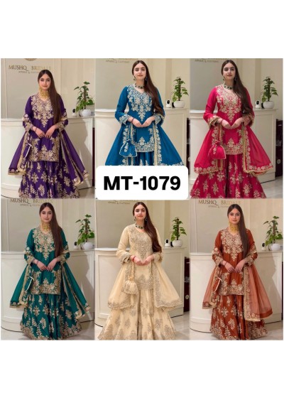 Shop MT-1079 heavy natural silk embroidered palazzo suit with Chine sequence work, Micro Cotton inner and faux georgette lace-border dupatta.