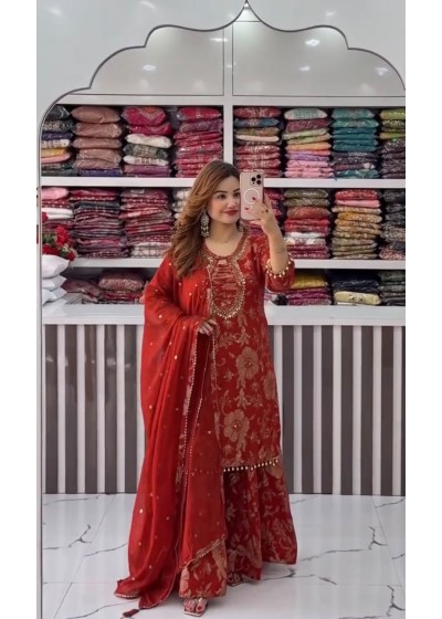 ST-1207 Heavy Embroidered Faux Georgette Kurti Palazzo Collection
