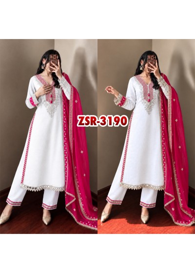 Shop ZSR-3190 Heavy Pure Chinnon suit with real mirror and Moti work, sequence embroidered pant and Fendy Silk lace-border dupatta.