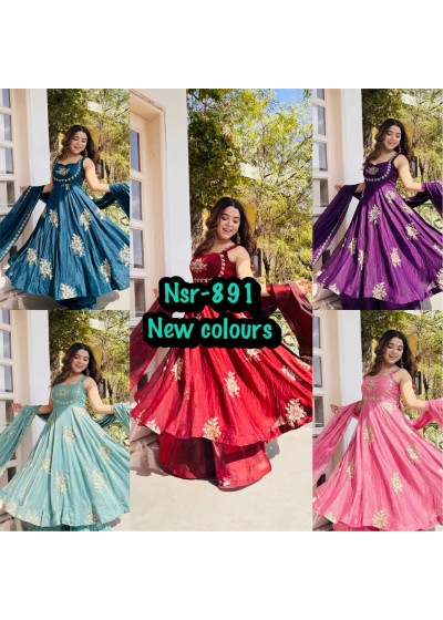 NSR 891 Pure Fendy Silk Heavy Embroidered Gown Sharara Dupatta Set Single Pis Wholesale Price 