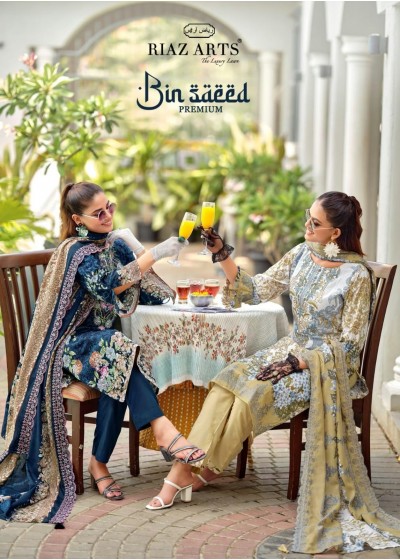 Shop RIAZ ARTS BIN SAEED PREMIUM Lawn Cotton Pakistani Suit with designer neck heavy embroidery, Cotton Dyed bottom, embroidered Pure Cotton Mal Dupatta at ₹625/-.