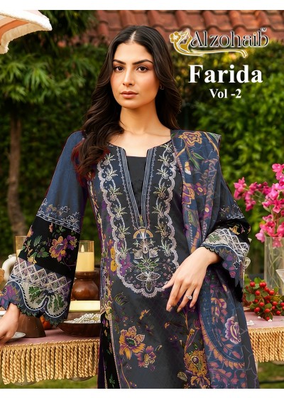 Shop ALZOHAIB Farida Vol-2 Pakistani suit with pure cotton heavy patch work top and Semi Lawn bottom. Chiffon dupatta ₹675 or cotton ₹725.