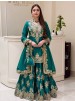Shop MT-1079 heavy natural silk embroidered palazzo suit with Chine sequence work, Micro Cotton inner and faux georgette lace-border dupatta.